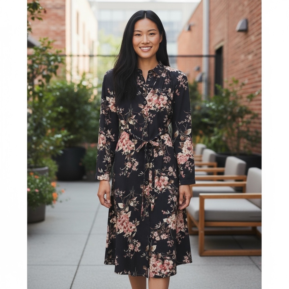 41 Hawthorn Stitch Fix Elegant Black Floral Long Sleeve Shirt Dress Women’s Sz S